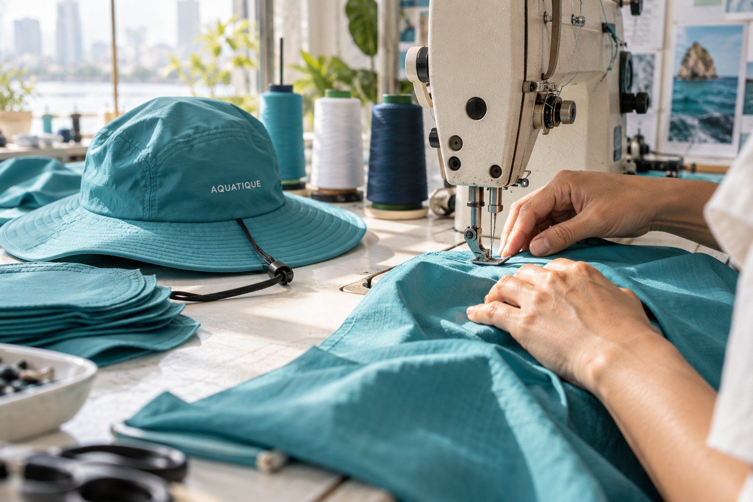 Hands sewing teal fabric for a hat