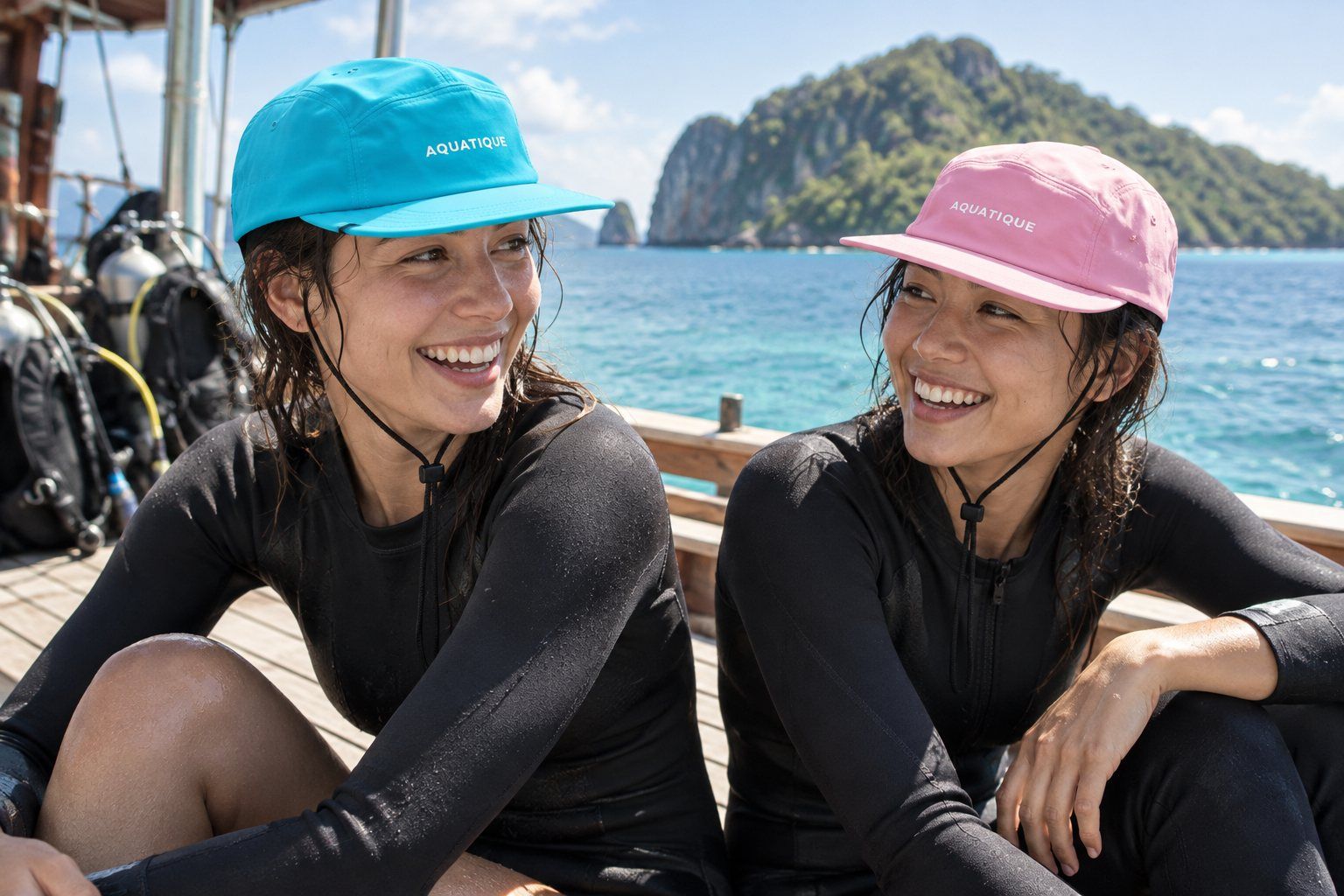 Two friends on a Thai dive boat wearing AQUATIQUE caps