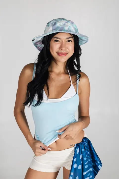 AQUATIQUE Dye Mint hat, worn in the studio