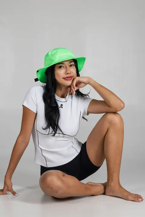 AQUATIQUE Lime bucket hat, worn in the studio
