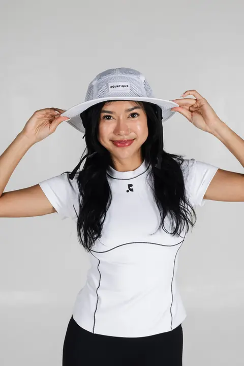AQUATIQUE Mesh White bucket hat, worn in the studio