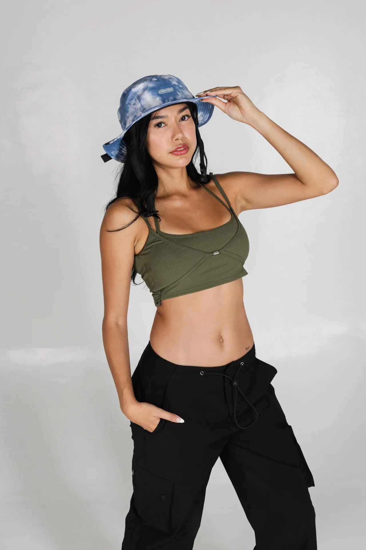 AQUATIQUE Metallic Mint hat, worn in the studio