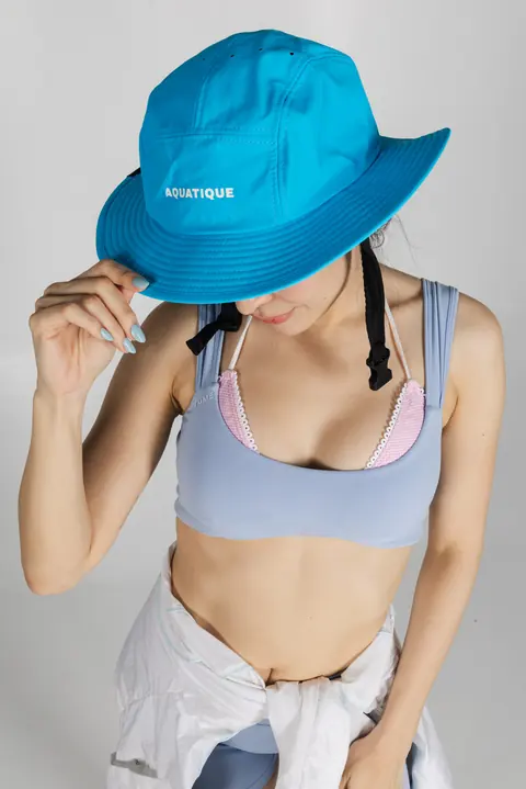 AQUATIQUE Miami Blue bucket hat, worn in the studio